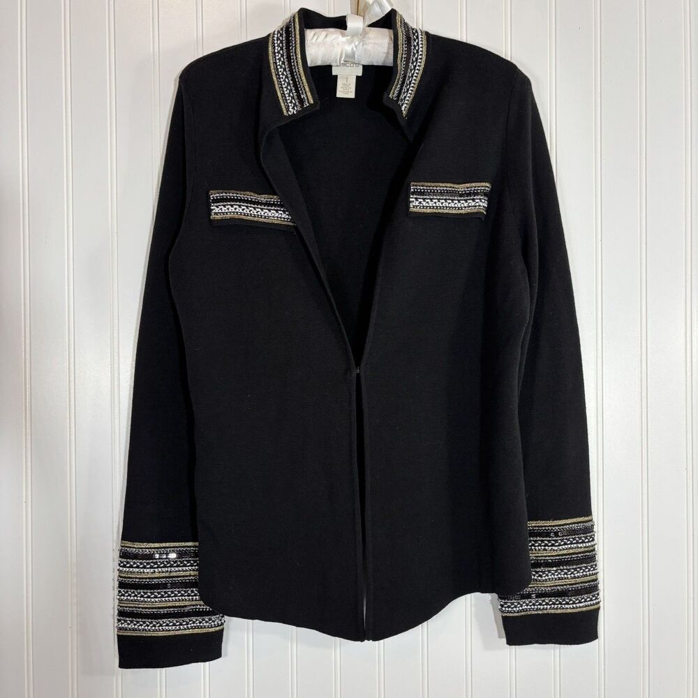 Chicos Womens Black Open Front Beaded Cardigan Size 1 Glam Event Party Funeral